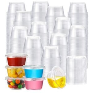 Plastic Portion Cups with Lids [3.25 oz, 100 Sets] Disposable Plastic Cups for Meal Prep, Salad Dressings, Jello Shots, Souffle Cups,